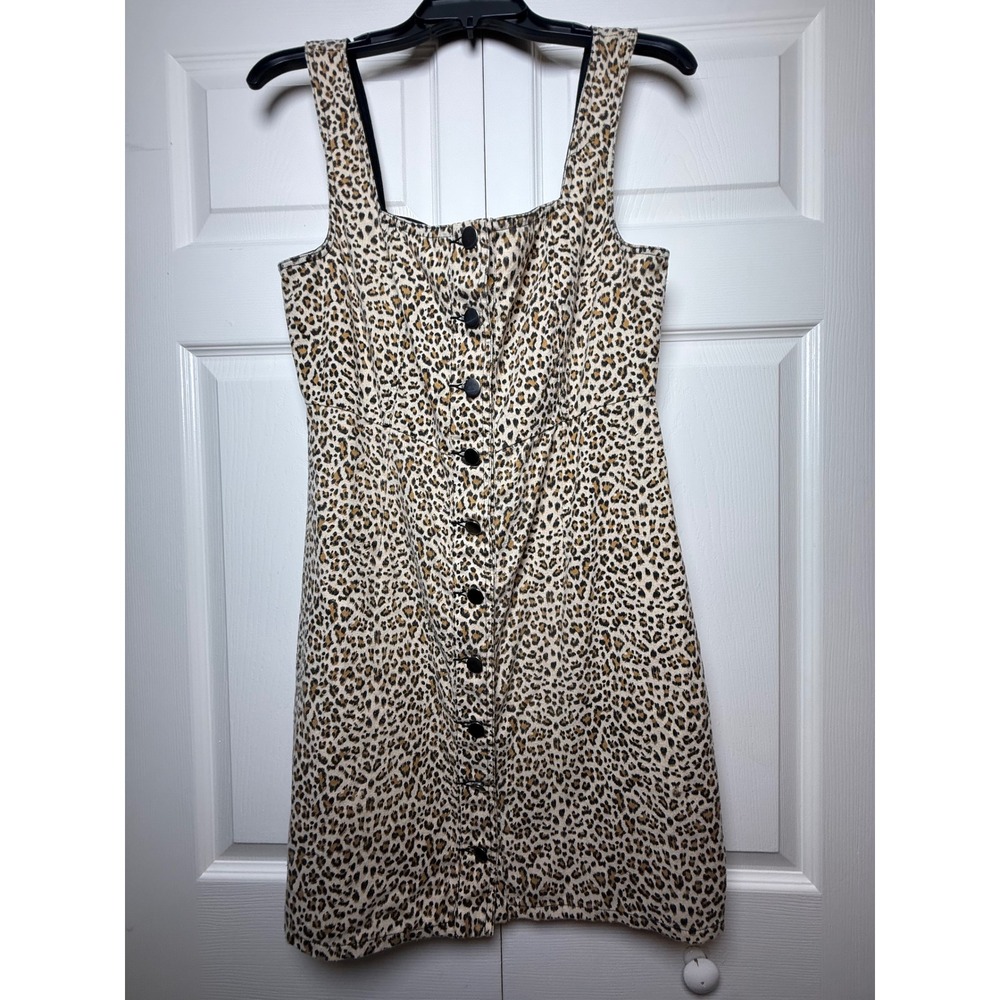 En Creme Leopard Print Button Down Mini Dress Tan Brown Square Neck Cotton